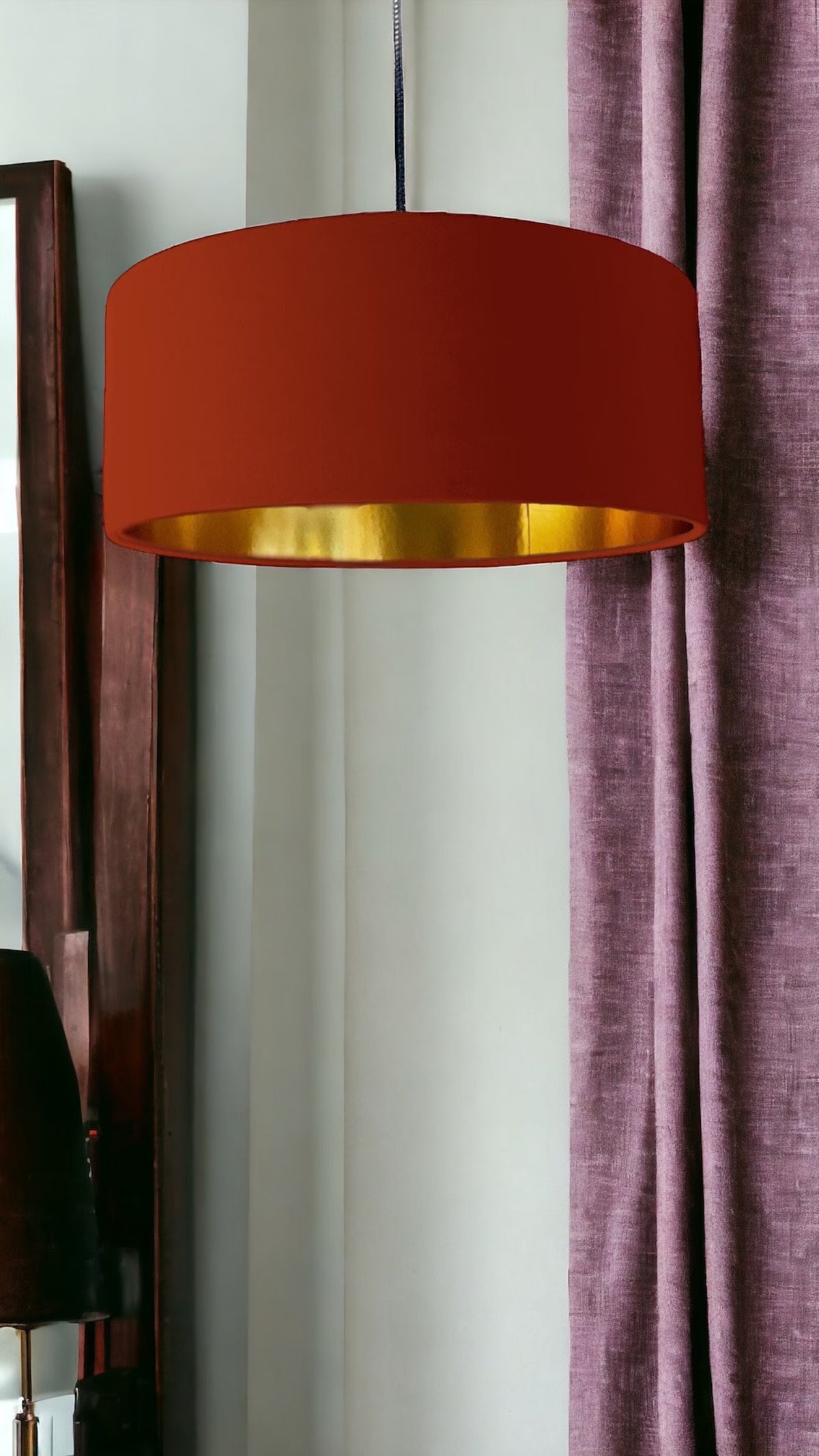 New high quality luxury terracotta red 35 cotton drum cotton fabric lamp shade pendant light drum shape with metallic linings