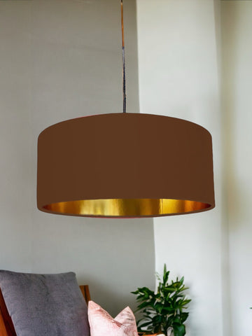 New high quality luxury chocolate brown 17 cotton fabric lamp shade pendant light drum shape with metallic linings for tables and ceilings