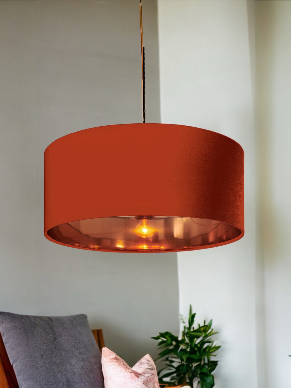 New high quality luxury terracotta red 35 cotton drum cotton fabric lamp shade pendant light drum shape with metallic linings