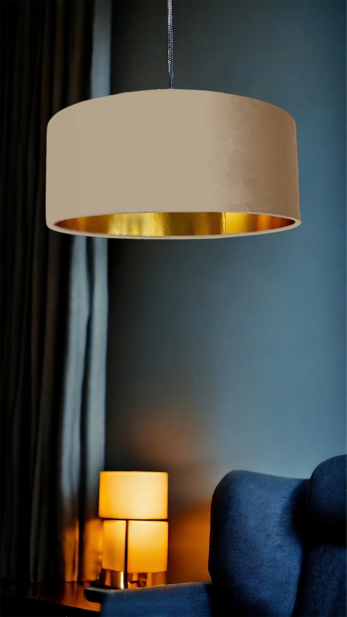 New high quality luxury camel neutral 2 cotton drum cotton fabric lamp shade pendant light drum shape with metallic linings