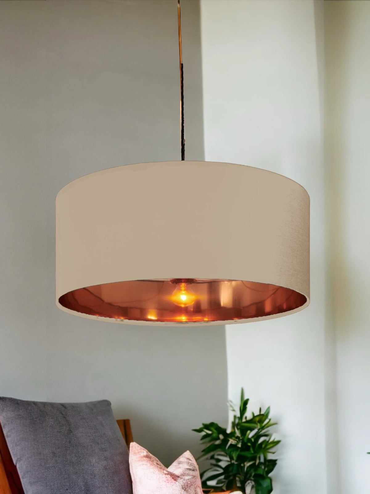 New high quality luxury camel neutral 2 cotton drum cotton fabric lamp shade pendant light drum shape with metallic linings