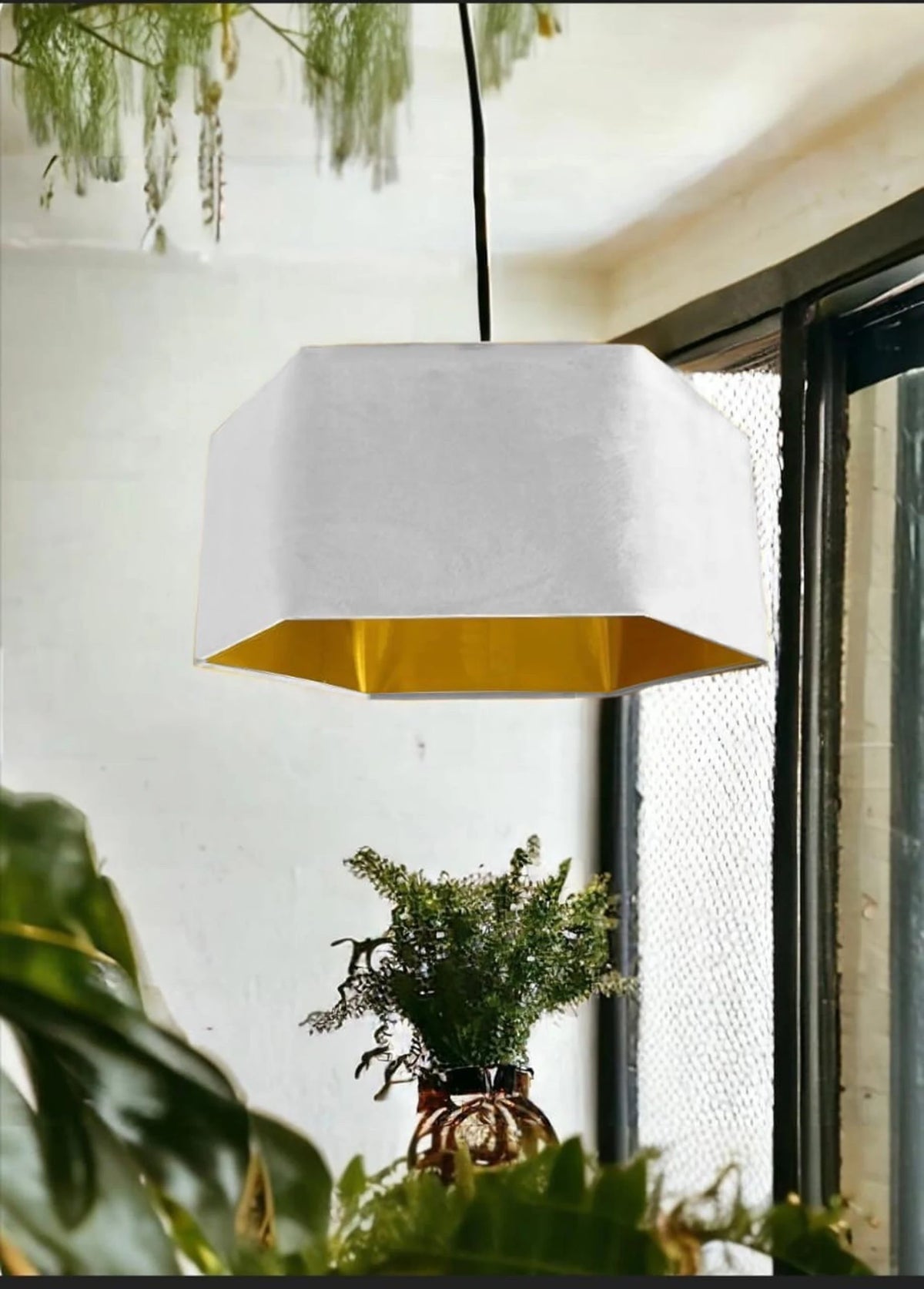 New luxury premium quality white velvet hexagon velvet lamp shade pendant light shade white velvet With brushed gold lining