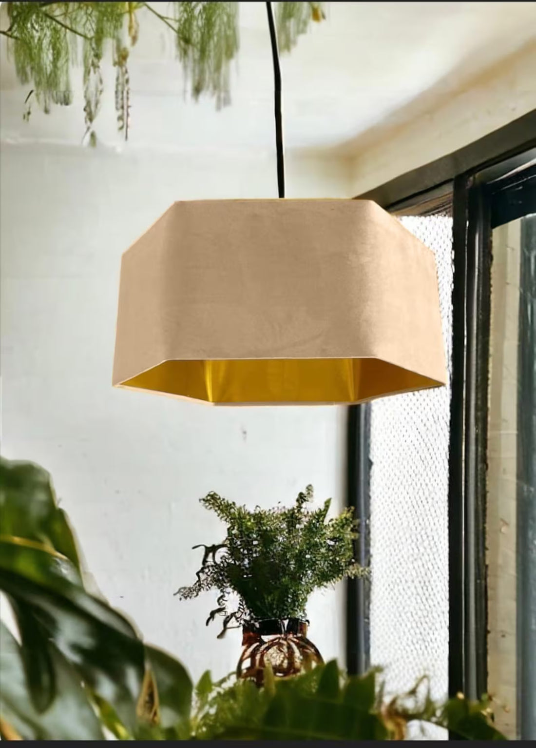 New luxury premium quality cloud cream hexagon velvet lamp shade pendant light shade light cloud cream brown velvet With metallic lining