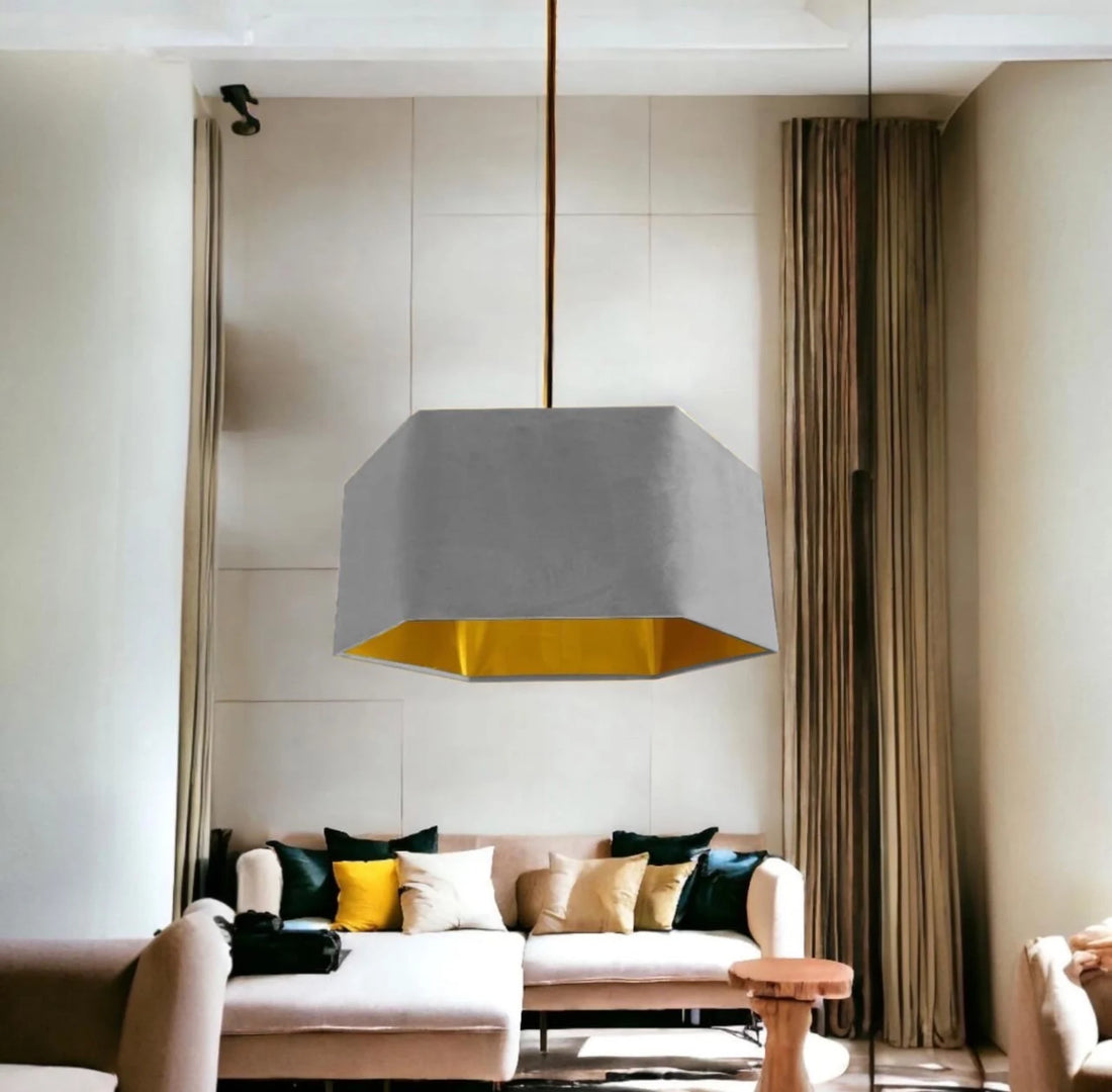 New luxury premium quality royal silver grey hexagon velvet lamp shade pendant light shade light silver grey velvet With metallic lining