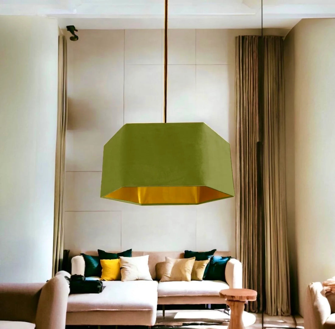 New luxury premium quality hexagon velvet lamp shade pendant light shade olive green With brushed gold lining