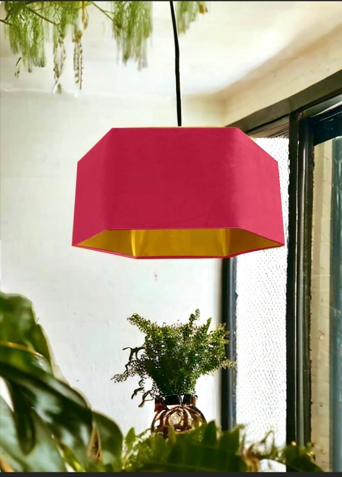 New luxury premium quality hexagon velvet lamp shade pendant light shade hot pink velvet With brushed gold lining