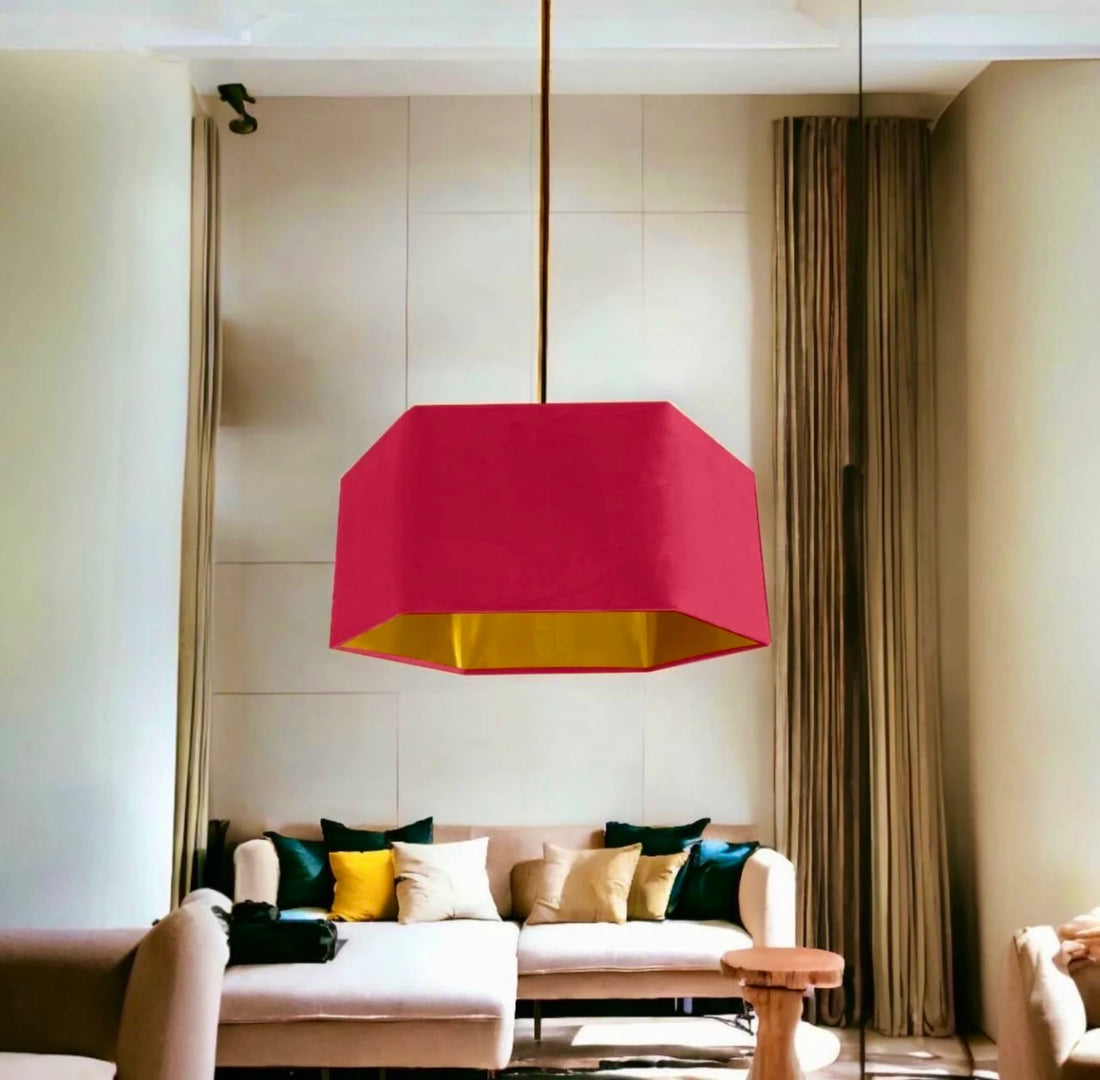 New luxury premium quality hexagon velvet lamp shade pendant light shade hot pink velvet With brushed gold lining