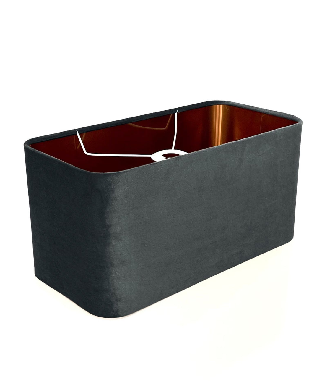 New made to order graphite grey velvet lamp shade and pendant light shade rounded rectangular shape metallic panels lining for all purpose