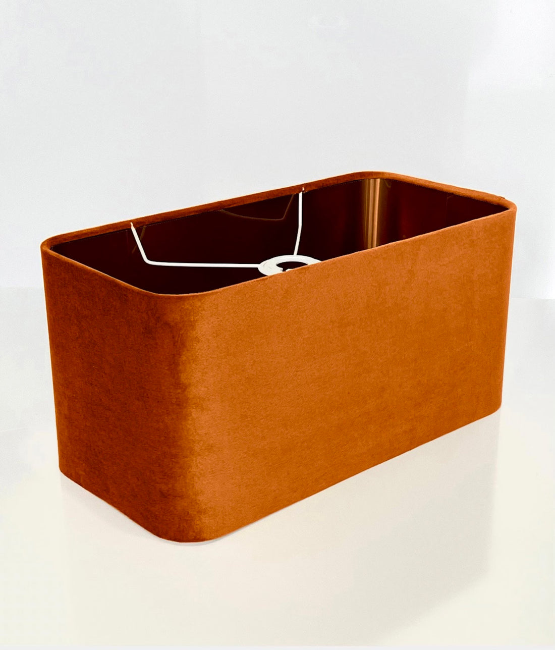 New made to order spice rust orange velvet lamp shade and pendant light shade rounded rectangular shape metallic panels lining