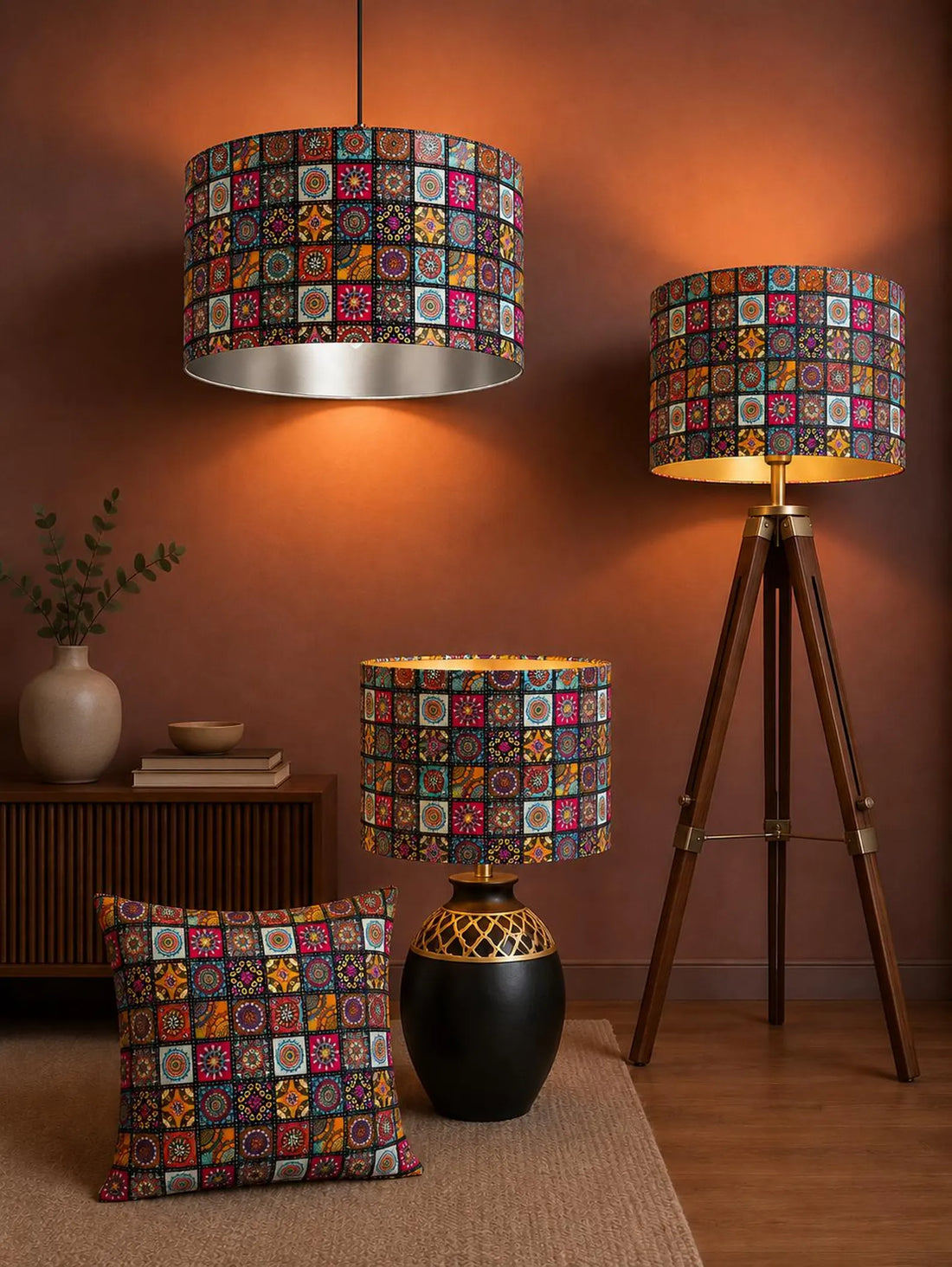 New high quality handmade multicolour tile moroccan pattern on velvet DRUM shape lamp shade pendant light lamp shade all size shape