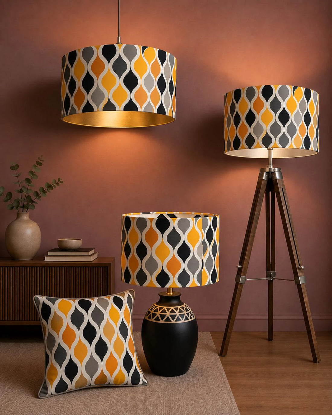 New high quality handmade yellow black retro geometric pattern on velvet DRUM shape lamp shade pendant light lamp shade all size shape