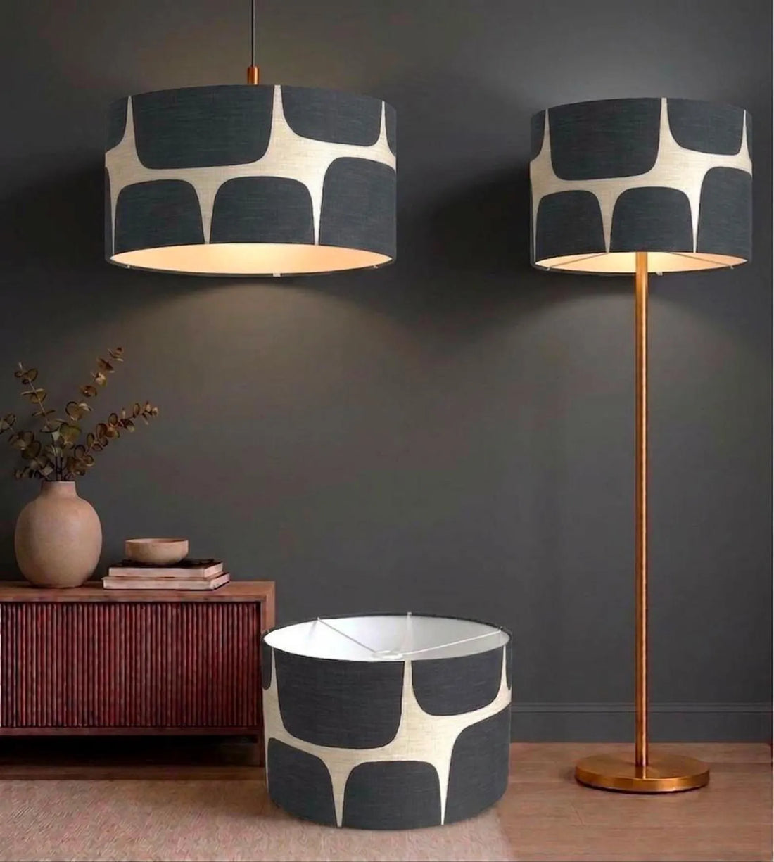 New high quality handmade BLACK pebble fabric abstract geometric pattern DRUM shape lamp shade pendant light lamp shade