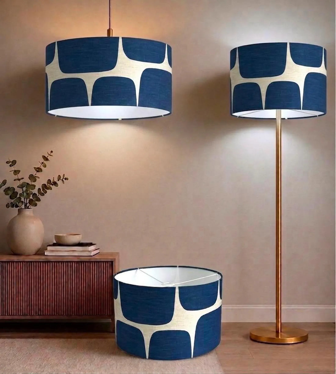 New high quality handmade INDIGO BLUE pebble fabric abstract geometric pattern DRUM shape lamp shade pendant light lamp shade
