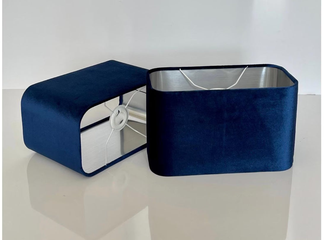 New luxury navy blue glamour velvet lamp shade and pendant light shade rounded rectangular shape with metallic panels lining