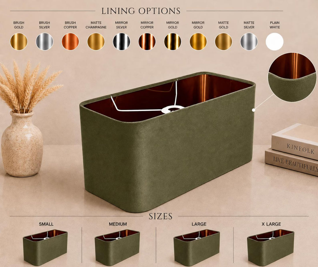 New made to order sage green plush velvet lamp shade and pendant light shade rounded rectangular shape metallic panel lining for all purpose