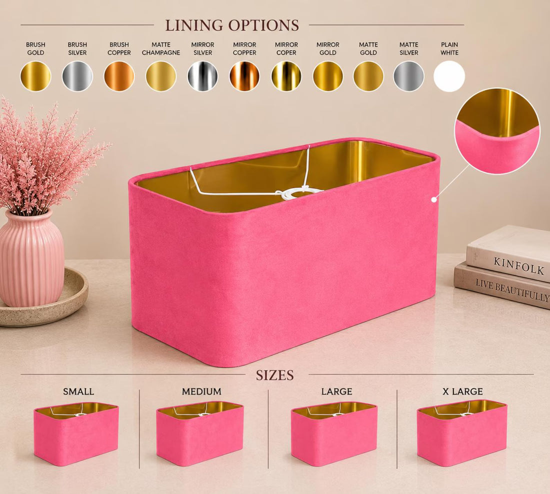 New made to order candy pink velvet lamp shade and pendant light shade rounded rectangular shape metallic panels lining for all purpose