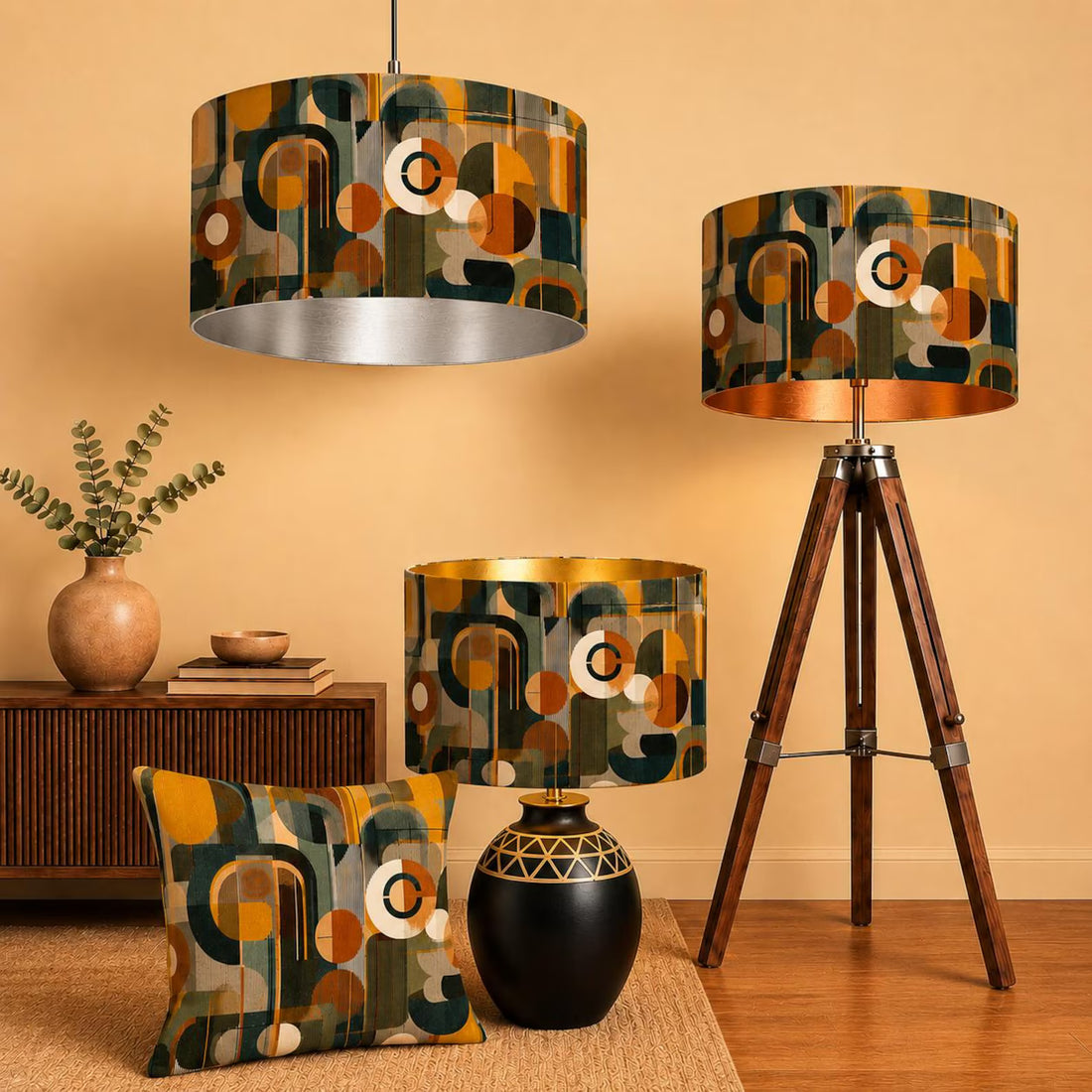 New high quality handmade green brown boho retro geometric pattern on velvet DRUM shape lamp shade pendant light lamp shade all size shape