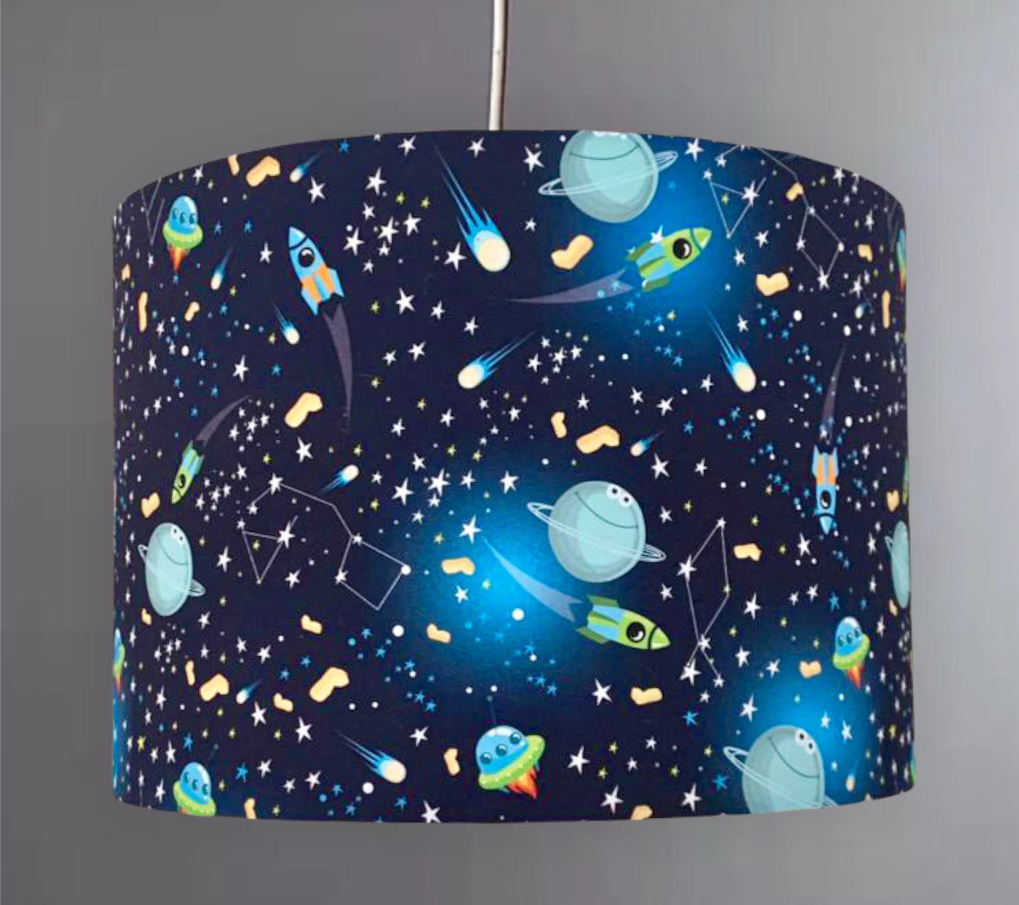New luxury high quality kids children’s room glowing planets space rockets space ship planets pattern lamp shade pendant light shade navy