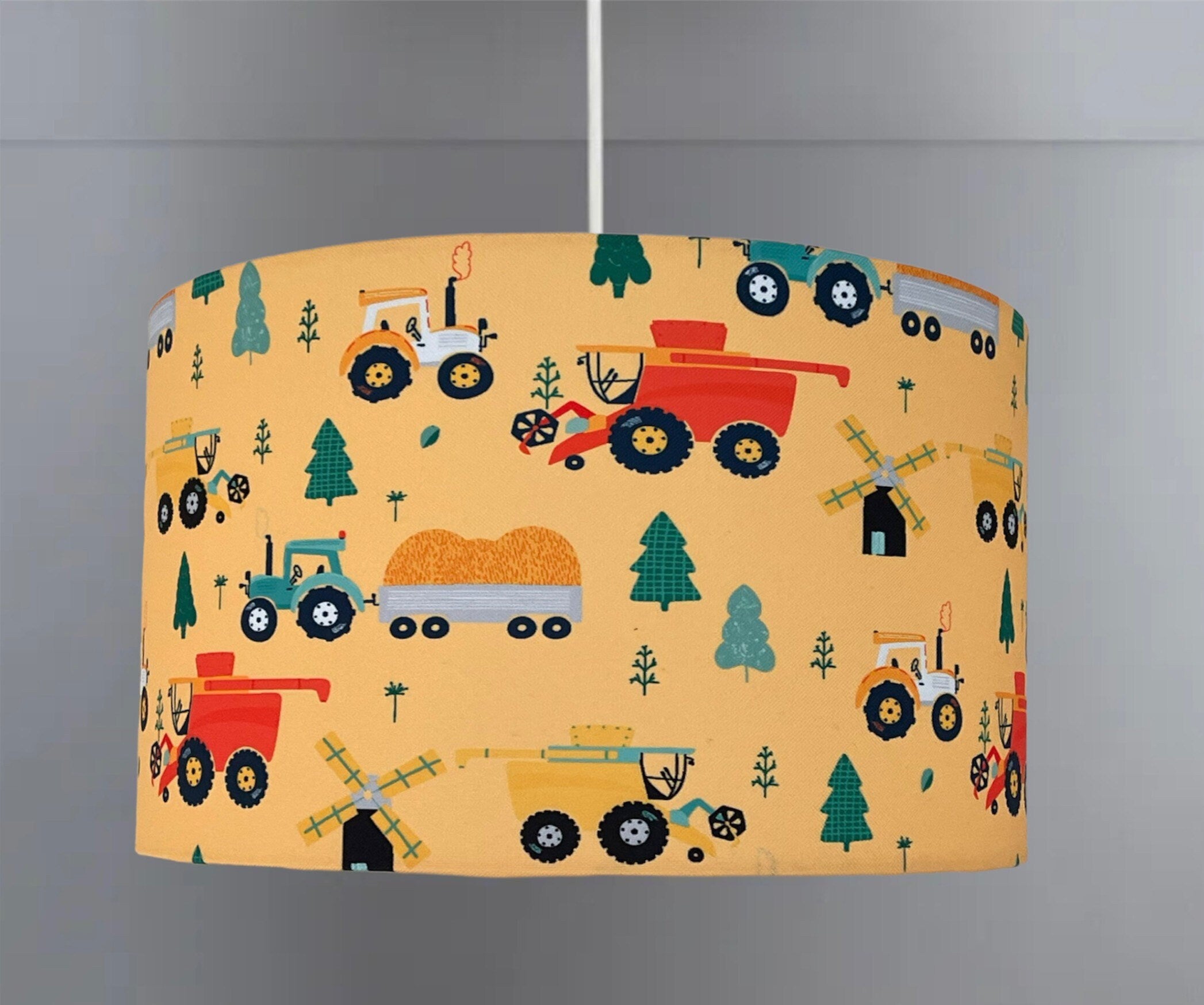 new HQ kids/children room farmhouse village trees trucks tractor pattern lamp shade and pendant light shade-yellow