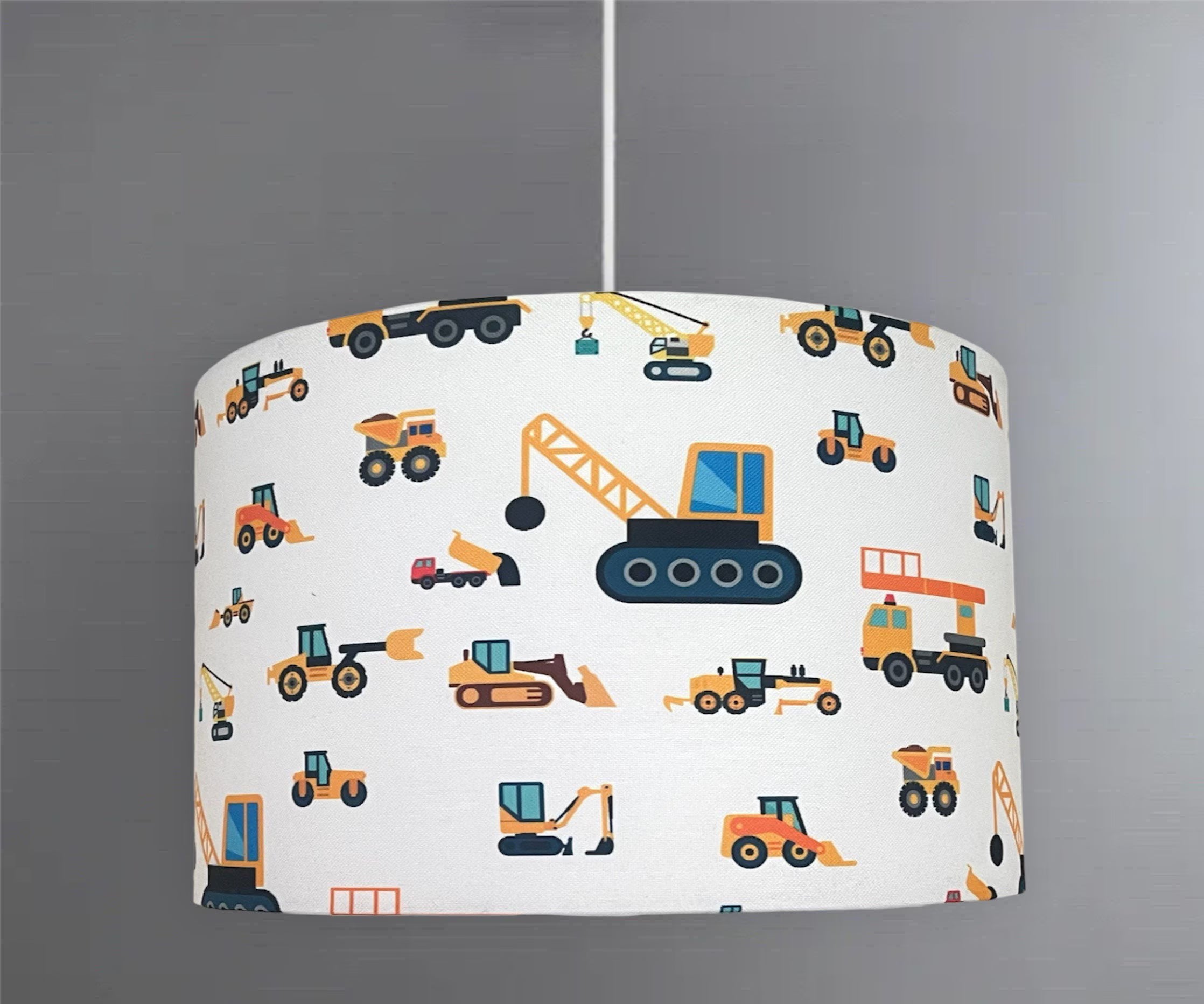 new HQ kids / children room construction vehicle trucks loaders bulldozer digger pattern drum shape lamp shade and pendant light shade-white