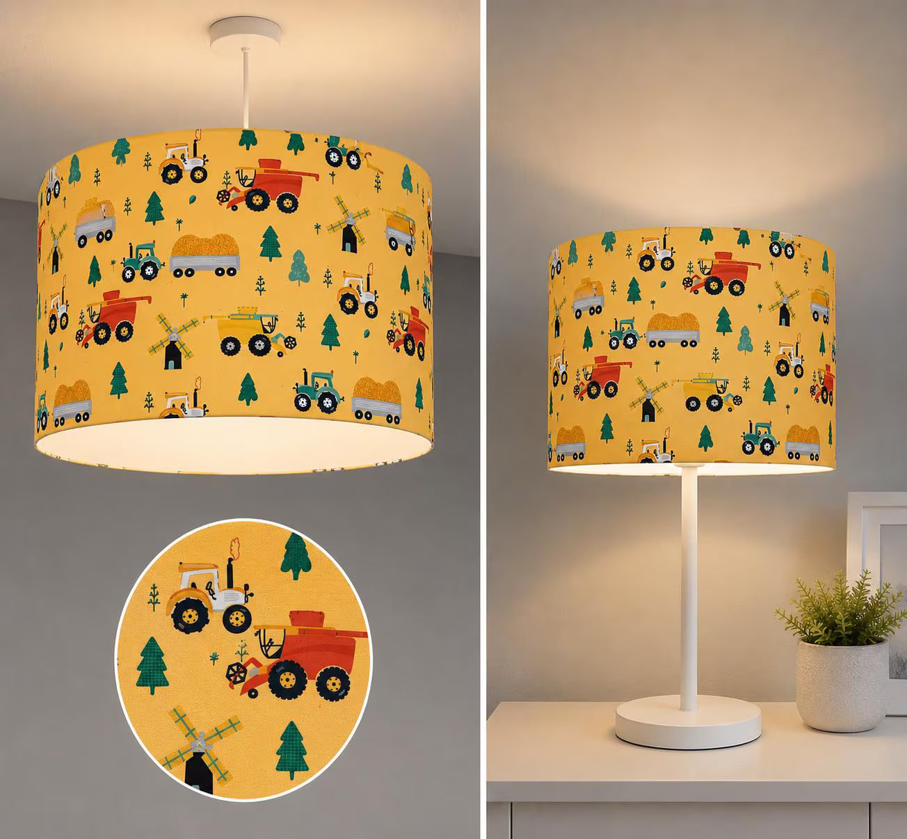 new HQ kids/children room farmhouse village trees trucks tractor pattern lamp shade and pendant light shade-yellow