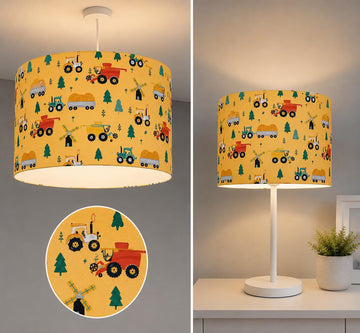 new HQ kids/children room farmhouse village trees trucks tractor pattern lamp shade and pendant light shade-yellow