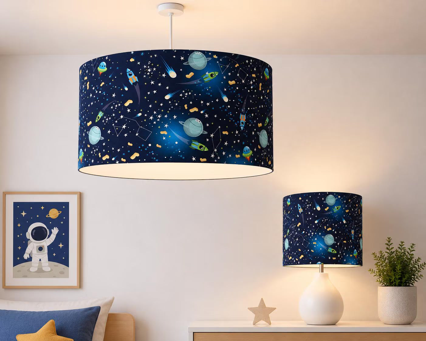 New luxury high quality kids children’s room glowing planets space rockets space ship planets pattern lamp shade pendant light shade navy