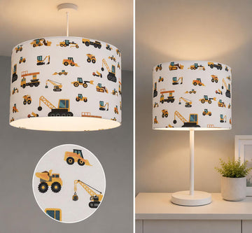 new HQ kids / children room construction vehicle trucks loaders bulldozer digger pattern drum shape lamp shade and pendant light shade-white