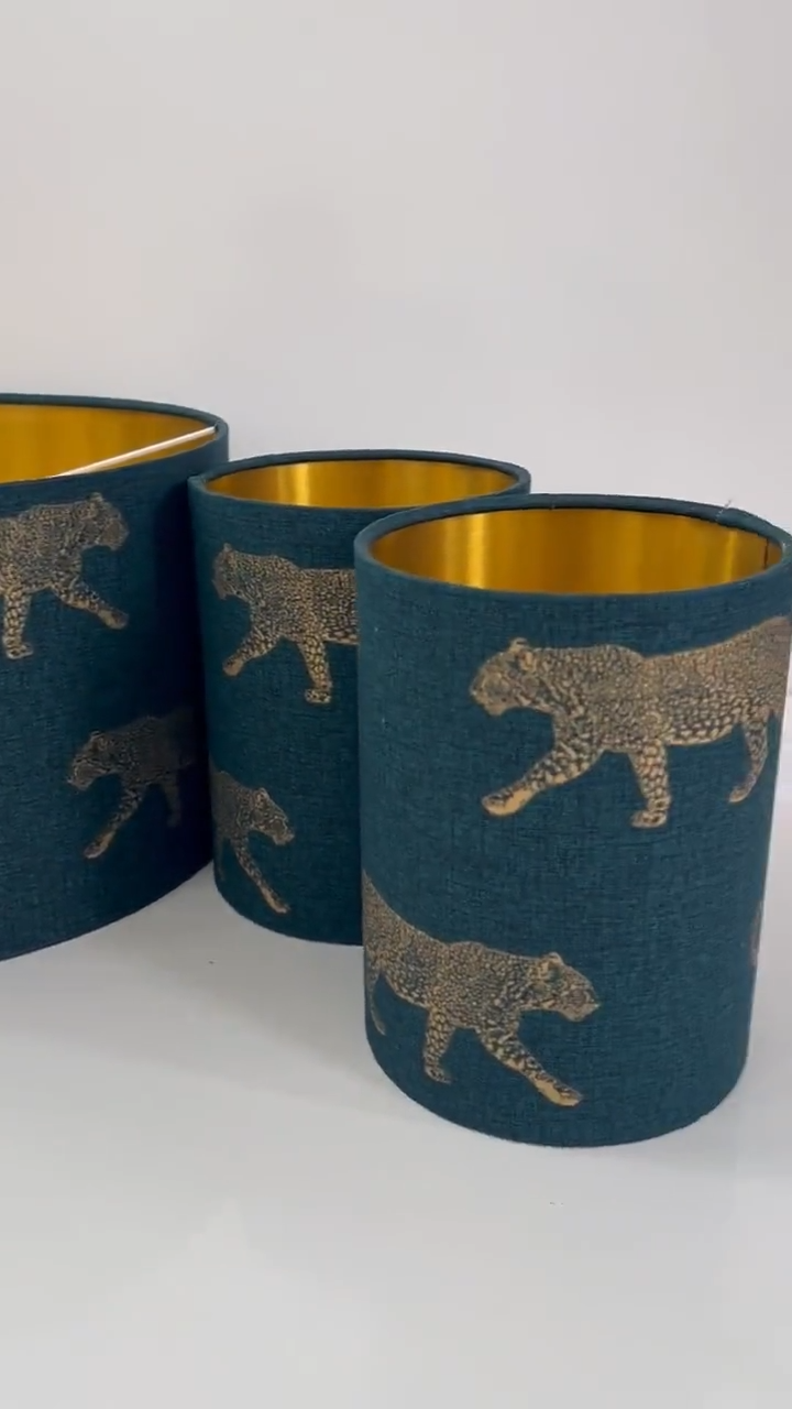 Handmade HQ luxury teal green fabric with walking golden foiled leopard pattern drum shape lamp shade pendant light shade suitable for all